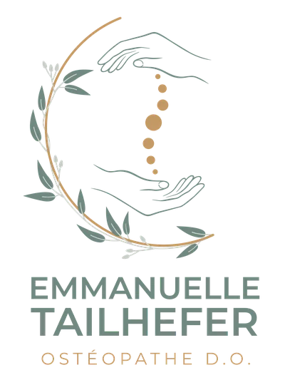 Logo Emmanuelle Tailhefer : deux mains entourant une colonne vertébrale, cerclées de feuilles d'olivier